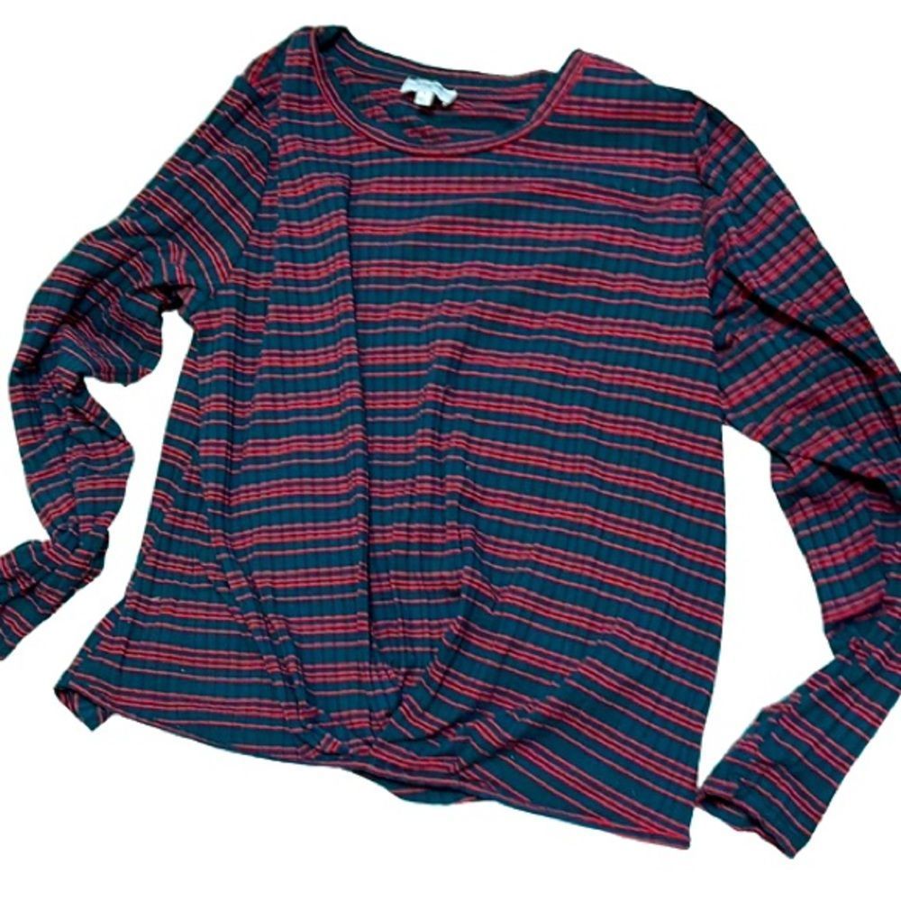 Extra soft dolman long sleeve striped top knot front twist top